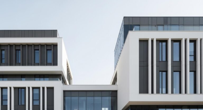 Nowoczesna elewacja domu jednorodzinnego we Wrocławiu z widocznymi detalami architektonicznymi i materiałowymi.
